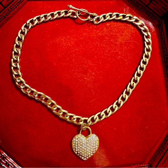 Chunky Gold Tone Curb Chain with Rhinestone Heart Pendant - Picture 2 of 5